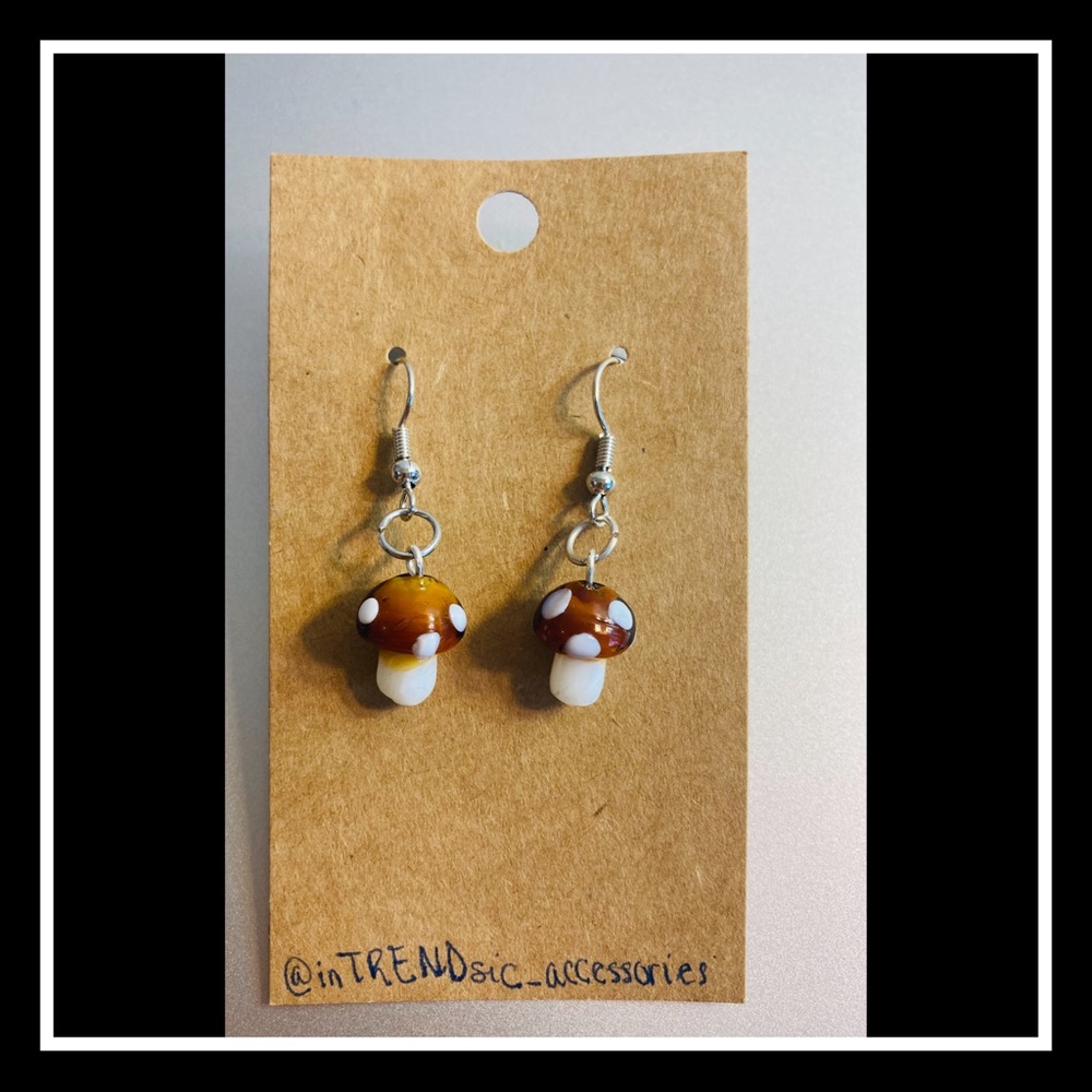 Small Glass Mushroom 🍄 Handmade Dangle Earrings